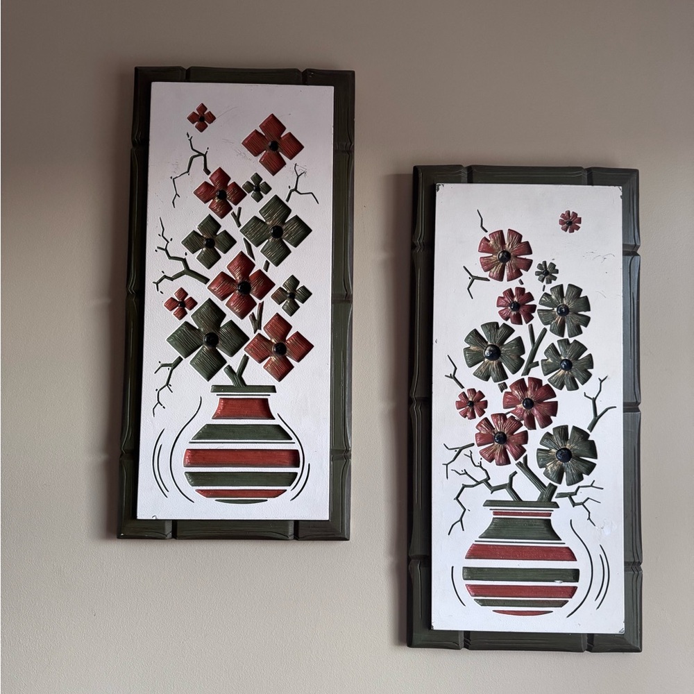 Mid Century Modern Vintage Floral Wall Art Set in avocado green and orange